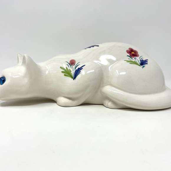 ELPA Alcobaca Ceramic Cat with Glass Blue Glass Eyes Made in Portugal Flowers - Picture 5 of 9